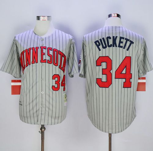 Mitchell And Ness 1987 Twins #34 Kirby Puckett Grey Throwback Stitched MLB Jersey - Click Image to Close