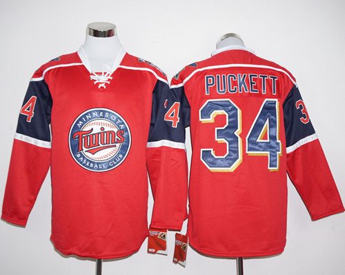 Twins #34 Kirby Puckett Red Long Sleeve Stitched MLB Jersey