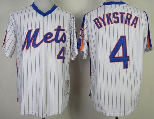 Mitchell and Ness Mets #4 Lenny Dykstra White Blue Strip Stitched MLB Jersey - Click Image to Close