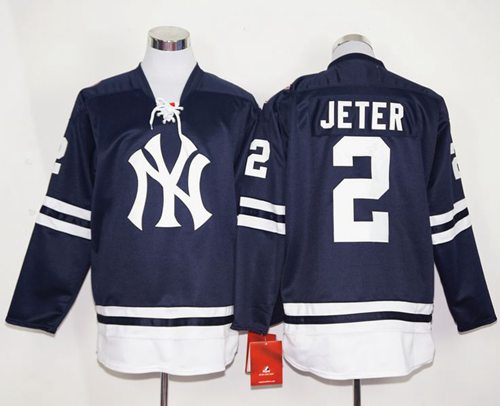 Yankees #2 Derek Jeter Navy Blue Long Sleeve Stitched MLB Jersey