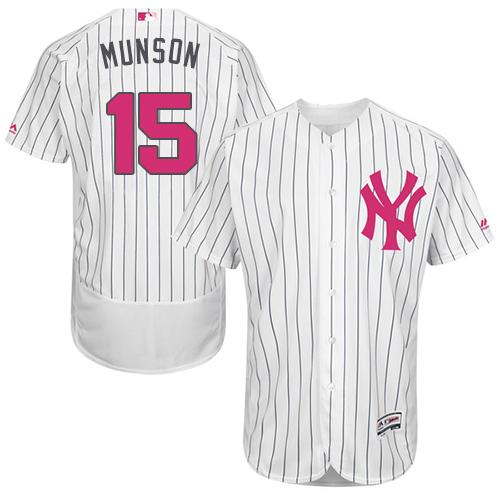 Yankees #15 Thurman Munson White Strip Flexbase Authentic Collection Mother's Day Stitched MLB Jersey - Click Image to Close