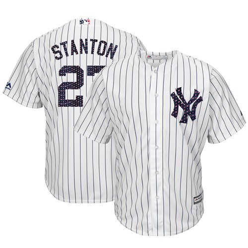 Yankees #27 Giancarlo Stanton White Strip New Cool Base 2018 Stars & Stripes Stitched MLB Jersey - Click Image to Close