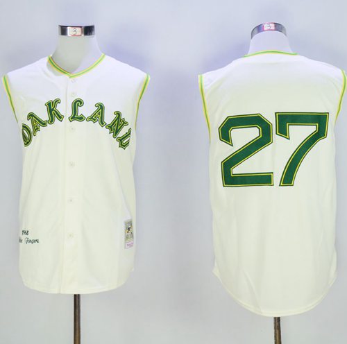 Mitchell And Ness 1968 Athletics #27 Catfish Hunter Cream Throwback Stitched MLB Jersey