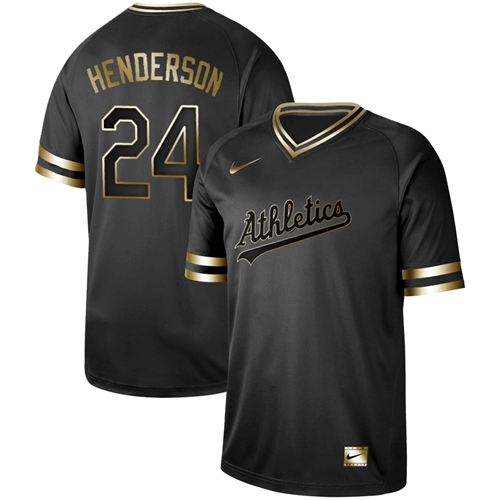 Athletics #24 Rickey Henderson Black Gold Authentic Stitched Baseball Jersey - Click Image to Close