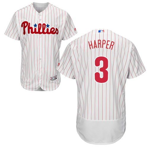 Phillies #3 Bryce Harper White(Red Strip) Flexbase Authentic Collection Stitched MLB Jersey - Click Image to Close