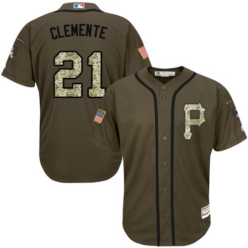 Pirates #21 Roberto Clemente Green Salute to Service Stitched MLB Jersey - Click Image to Close