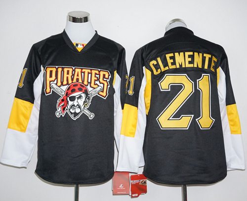 Pirates #21 Roberto Clemente Black Long Sleeve Stitched MLB Jersey - Click Image to Close