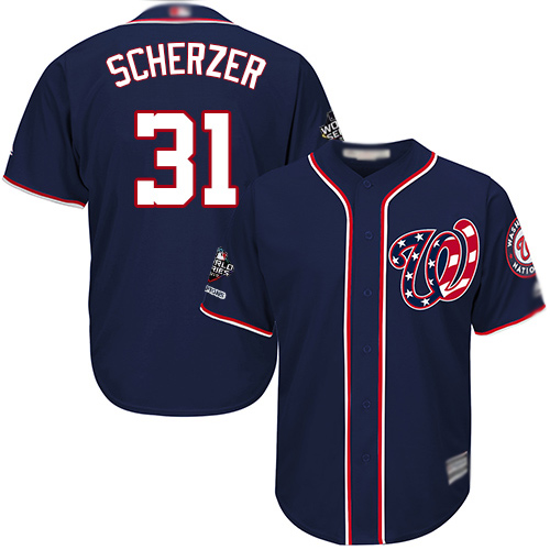 Nationals #31 Max Scherzer Navy Blue New Cool Base 2019 World Series Champions Stitched Baseball Jersey - Click Image to Close