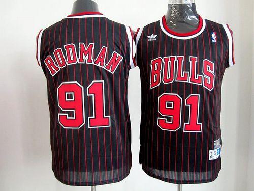 Bulls #91 Dennis Rodman Black With Red Strip Throwback Stitched NBA Jersey - Click Image to Close