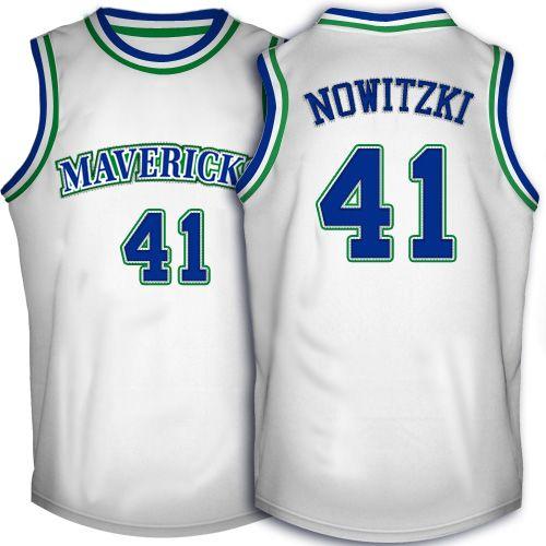 Mavericks #41 Dirk Nowitzki White Throwback Stitched NBA Jersey - Click Image to Close