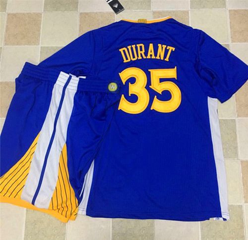 Warriors #35 Kevin Durant Blue Long Sleeve A Set Stitched NBA Jersey - Click Image to Close