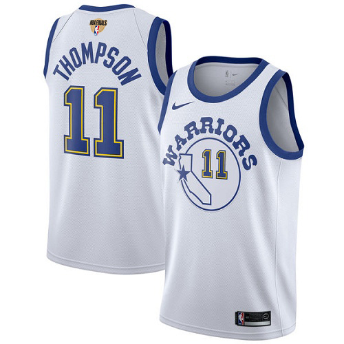 Nike Warriors #11 Klay Thompson White Throwback The Finals Patch NBA Swingman Hardwood Classics Jersey