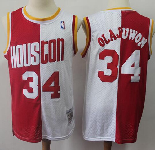 Split Fashion Rockets #34 Hakeem Olajuwon Red/White Stitched Basketball Jersey