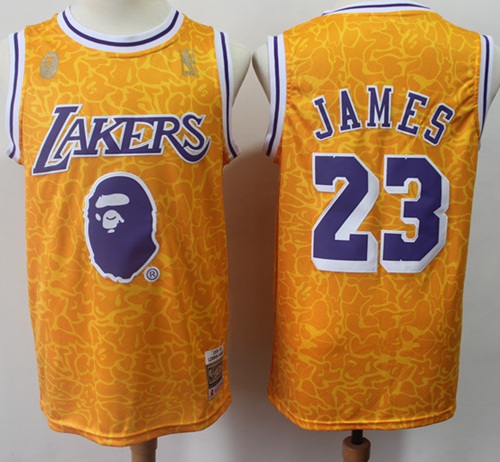 Mitchell And Ness 1996-97 A Bathing Ape Lakers #23 LeBron James Gold Stitched NBA Jersey