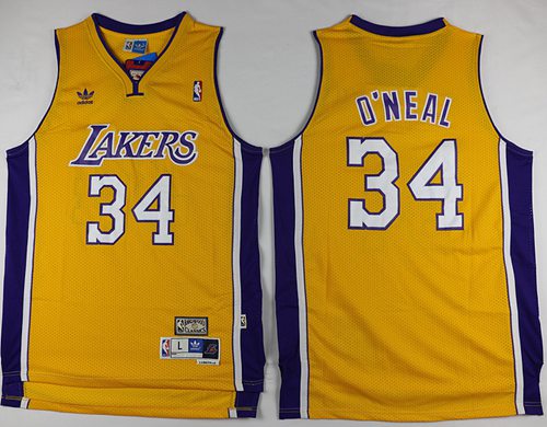 Lakers #34 Shaquille O'Neal Yellow Throwback Stitched NBA Jersey