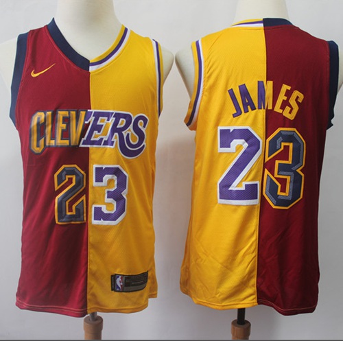 Lakers #23 LeBron James Red/Gold Basketball Swingman Split Cavaliers Jersey