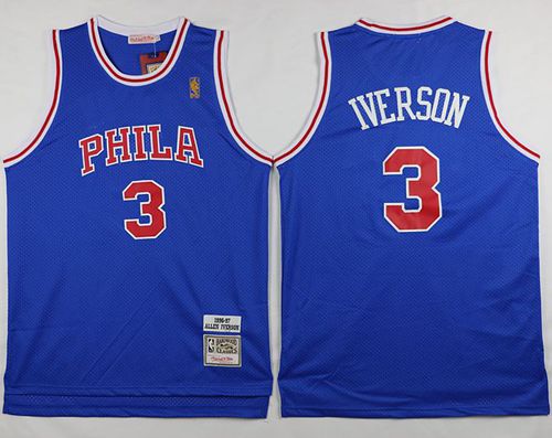 Mitchell and Ness 76ers #3 Allen Iverson Stitched Blue Throwback NBA Jersey