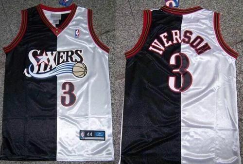 76ers #3 Allen Iverson Black/White Split Fashion Stitched NBA Jersey