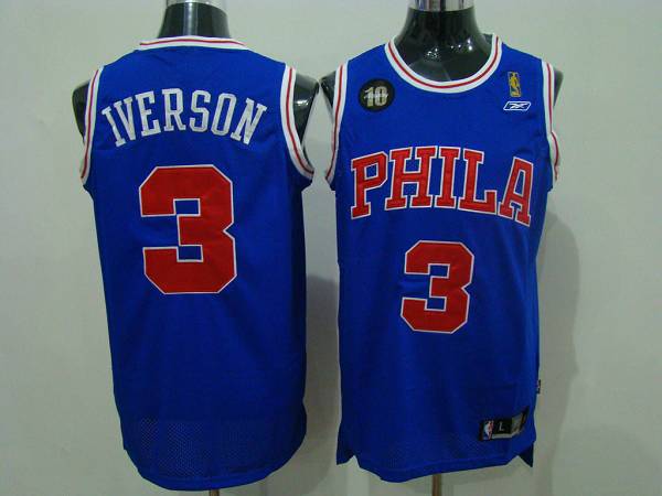 76ers #3 Allen Iverson Blue Reebok 10TH Throwback Stitched NBA Jersey - Click Image to Close