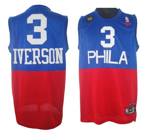 76ers #3 Allen Iverson Red/Blue Reebok 10TH Throwback Stitched NBA Jersey - Click Image to Close