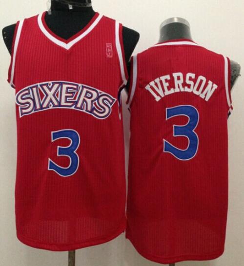 76ers #3 Allen Iverson Red New Throwback Stitched NBA Jersey - Click Image to Close