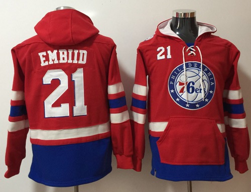 76ers #21 Joel Embiid Red Name & Number Pullover NBA Hoodie