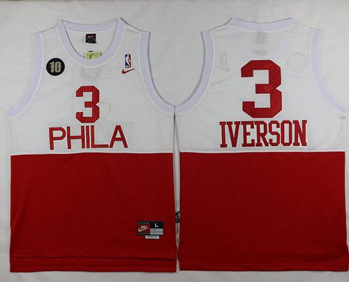 76ers #3 Allen Iverson White/Red Nike Throwback Stitched NBA Jersey - Click Image to Close