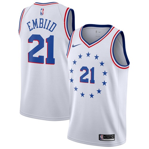 76ers #21 Joel Embiid White Basketball Swingman Earned Edition Jersey - Click Image to Close