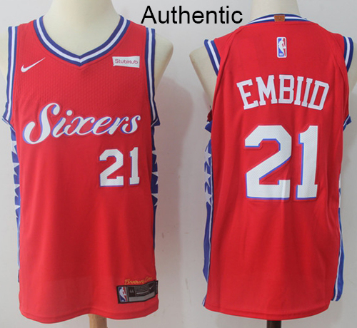 Nike 76ers #21 Joel Embiid Red NBA Authentic Statement Edition Jersey