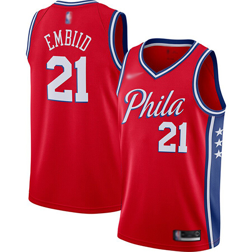 76ers #21 Joel Embiid Red Basketball Swingman Statement Edition 2019/2020 Jersey