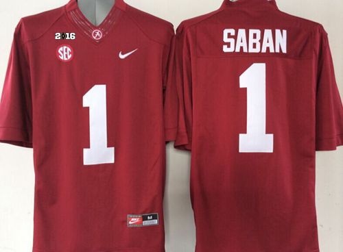 Crimson Tide #1 Nick Saban Red 2016 College Football Playoff National Championship Patch Stitched NCAA Jersey