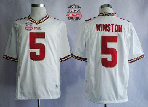 Seminoles #5 Jameis Winston White 2014 BCS Bowl Patch Stitched NCAA Jersey - Click Image to Close