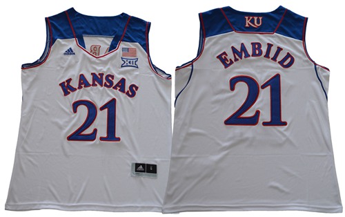 Jayhawks #21 Joel Embiid White Basketball Authentic Stitched NCAA Jersey