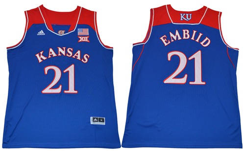 Jayhawks #21 Joel Embiid Royal Blue Basketball Authentic Stitched NCAA Jersey