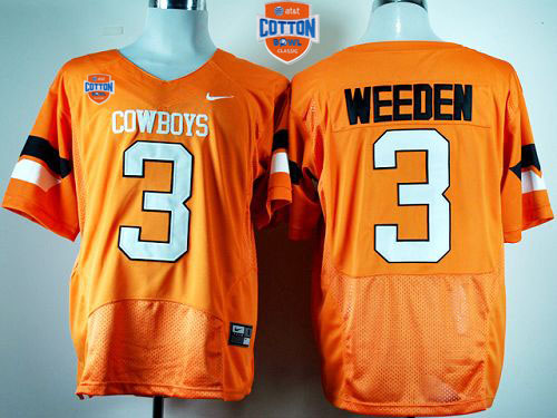 Cowboys #3 Brandon Weeden Orange Pro Combat 2014 Cotton Bowl Patch Stitched NCAA Jersey - Click Image to Close