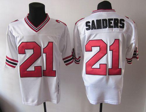 1992 Mitchell And Ness Falcons #21 Deion Sanders White Throwback Stitched NFL Jersey - Click Image to Close