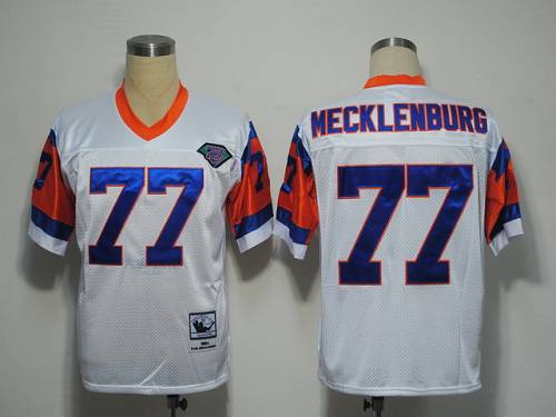 Mitchel and Ness Broncos #77 Karl Mecklenburg White With 75 Anniversary Patch Stitched Throwback NFL Jersey