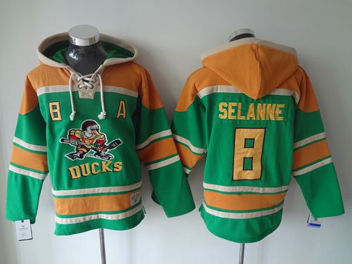 Ducks #8 Teemu Selanne Green Sawyer Hooded Sweatshirt Stitched NHL Jersey - Click Image to Close