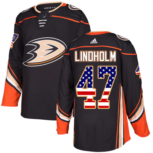 Adidas Ducks #47 Hampus Lindholm Black Home Authentic USA Flag Stitched NHL Jersey - Click Image to Close