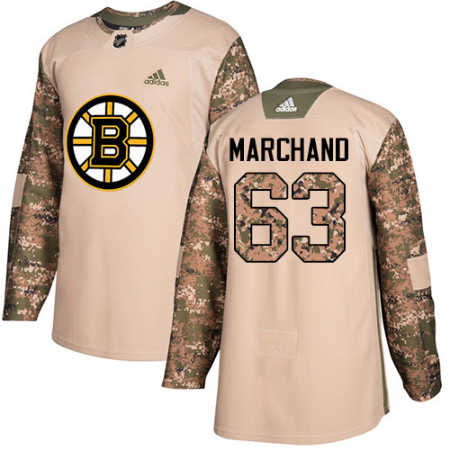 Adidas Bruins #63 Brad Marchand Camo Authentic 2017 Veterans Day Stitched NHL Jersey - Click Image to Close