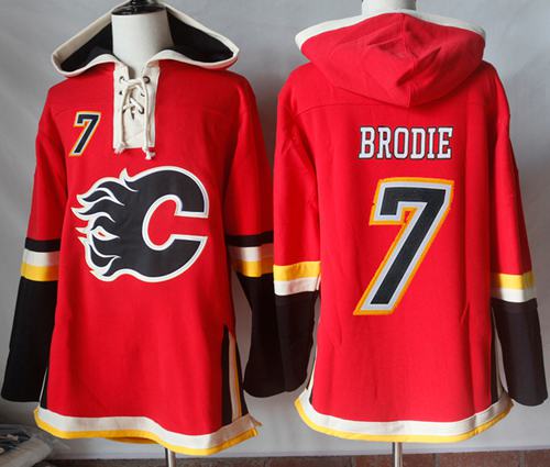 Flames #7 TJ Brodie Red Sawyer Hooded Sweatshirt Stitched NHL Jersey