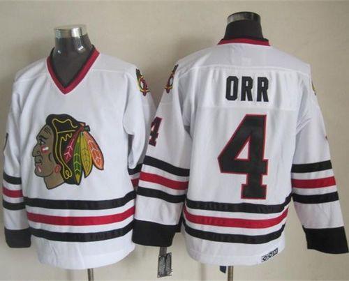 Blackhawks #4 Bobby Orr White CCM Throwback Stitched NHL Jersey - Click Image to Close