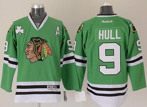 Blackhawks #9 Bobby Hull Green Stitched NHL Jersey - Click Image to Close