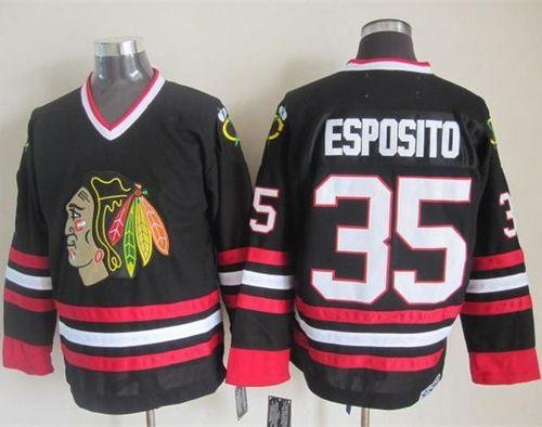 Blackhawks #35 Tony Esposito Black CCM Throwback Stitched NHL Jersey - Click Image to Close