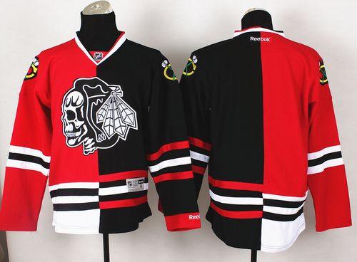 Blackhawks Blank Red/Black Split White Skull Stitched NHL Jersey - Click Image to Close