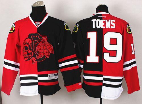 Blackhawks #19 Jonathan Toews Red/Black Split Red Skull Stitched NHL Jersey - Click Image to Close