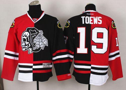 Blackhawks #19 Jonathan Toews Red/Black Split White Skull Stitched NHL Jersey - Click Image to Close