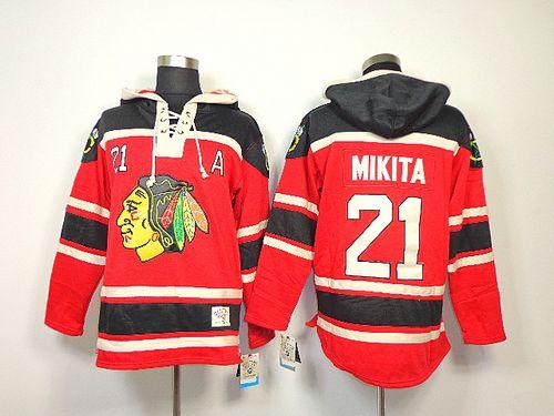 Blackhawks #21 Stan Mikita Red Sawyer Hooded Sweatshirt Stitched NHL Jersey - Click Image to Close