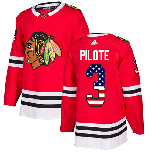 Adidas Blackhawks #3 Pierre Pilote Red Home Authentic USA Flag Stitched NHL Jersey