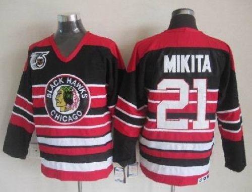 Blackhawks #21 Stan Mikita Red/Black 75TH CCM Stitched NHL Jersey